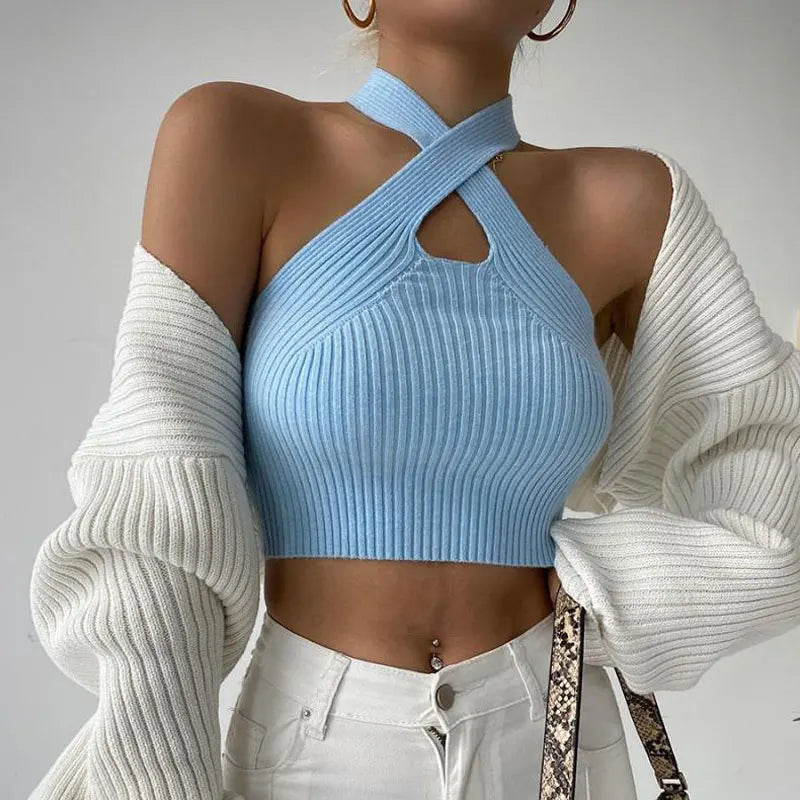 Knitted Halter Tank Tops Crop Top