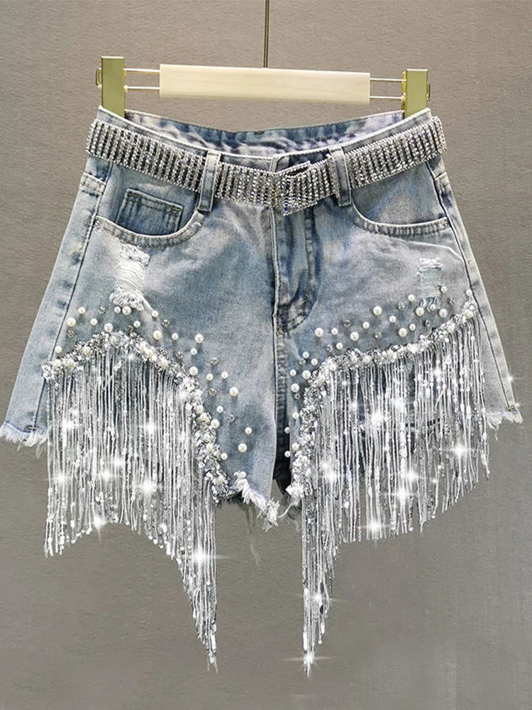 Denim Shorts with Rhinestone Fringe