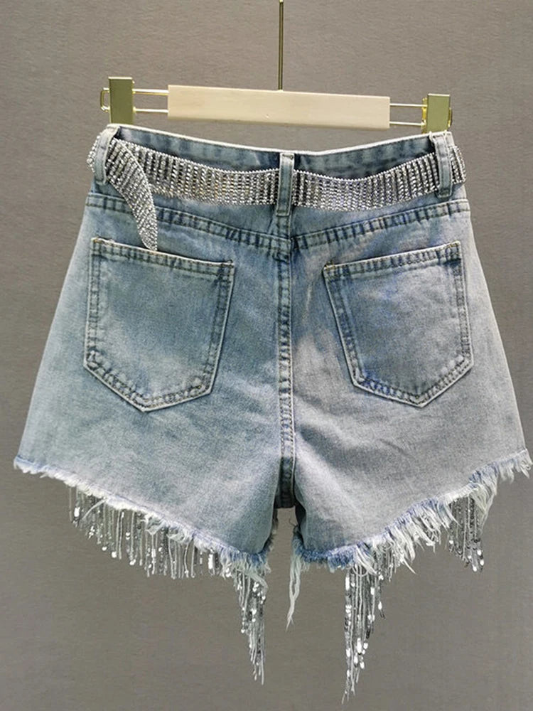 Denim Shorts with Rhinestone Fringe