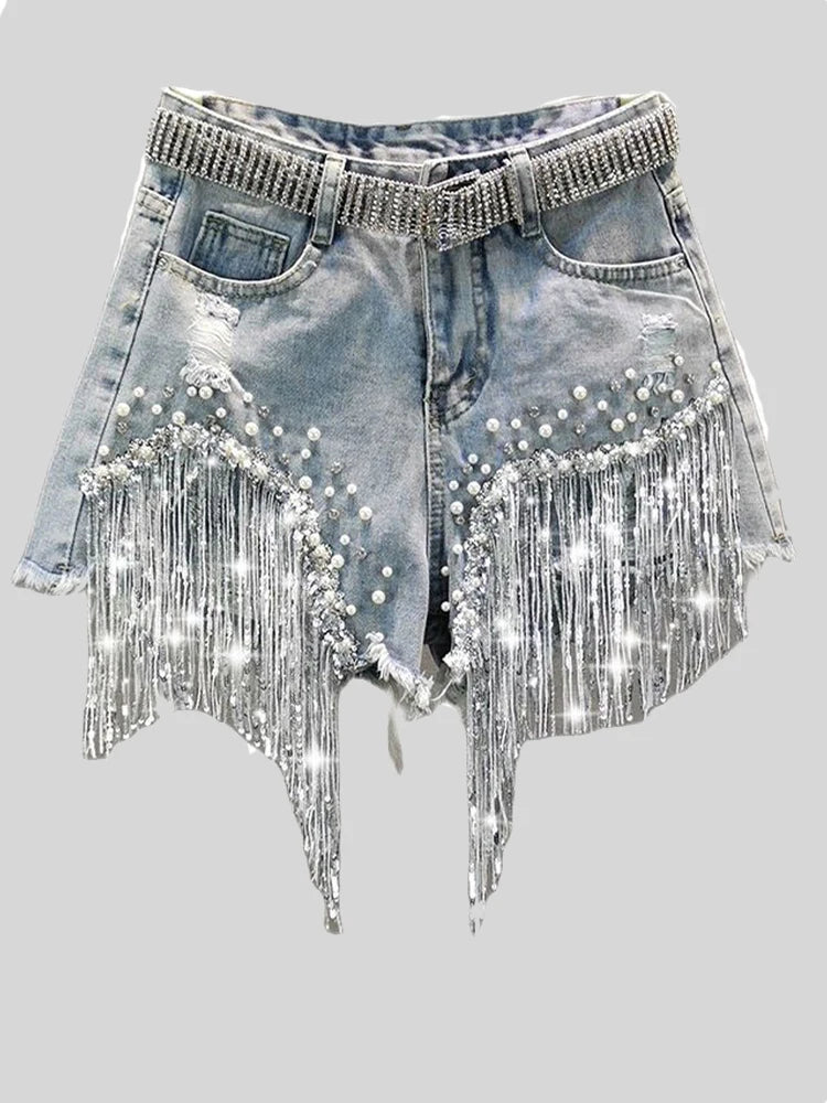 Denim Shorts with Rhinestone Fringe