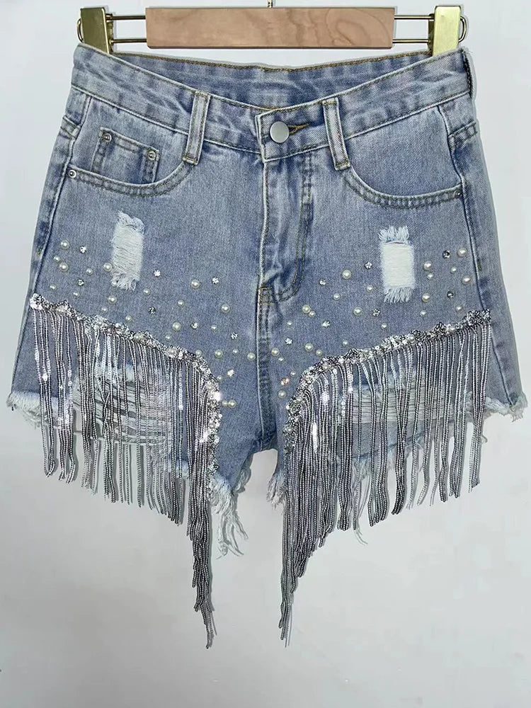 Denim Shorts with Rhinestone Fringe