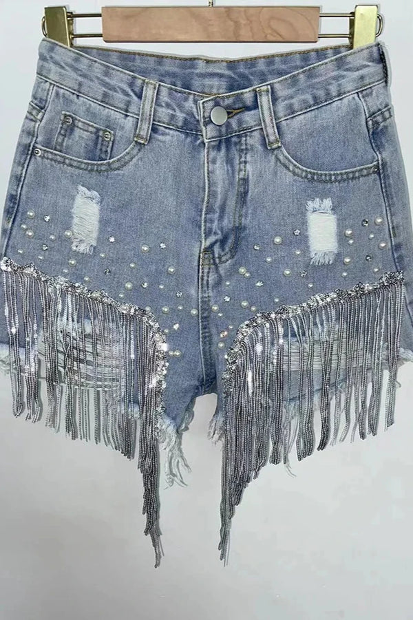 Denim Shorts with Rhinestone Fringe