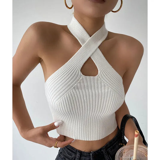 Knitted Halter Tank Tops Crop Top